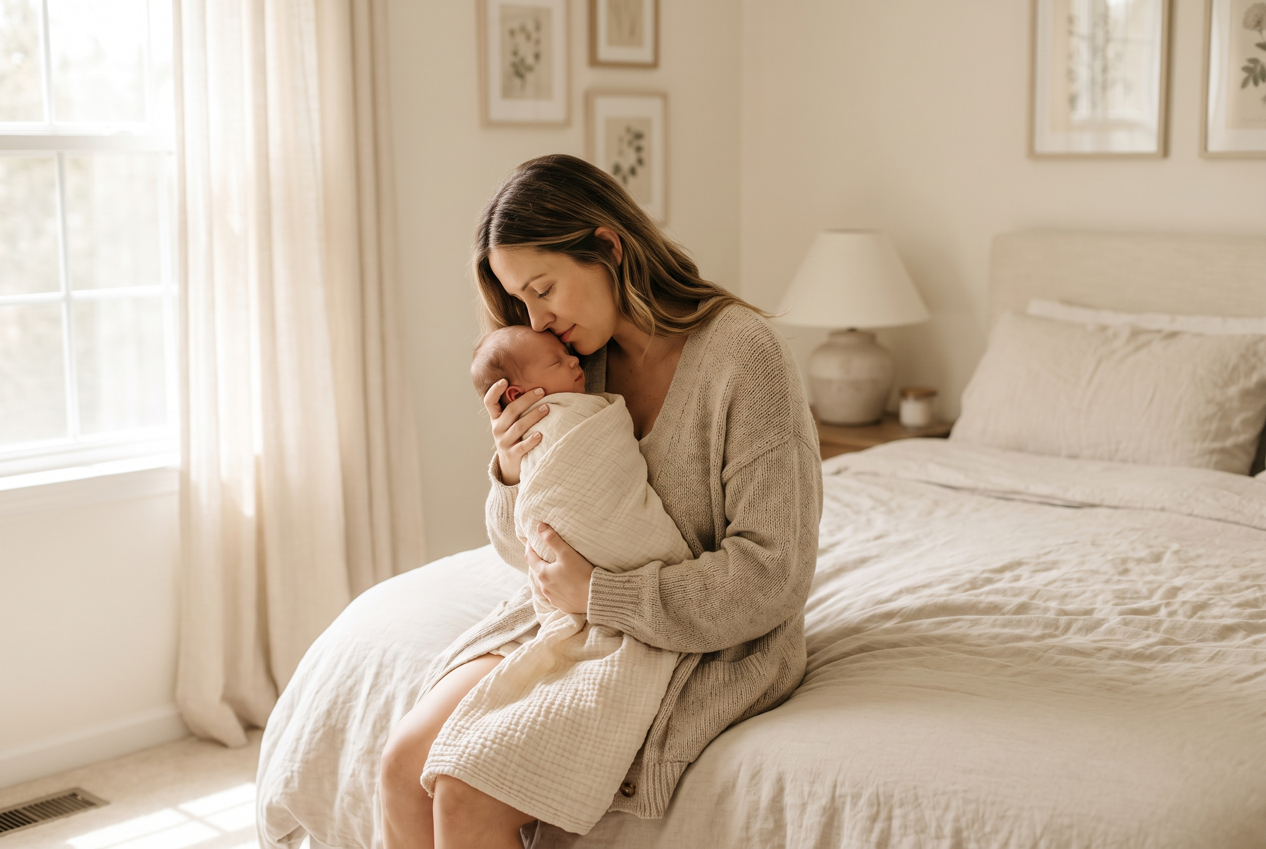 Mother holding her sleeping newborn in a soft cream bedroom