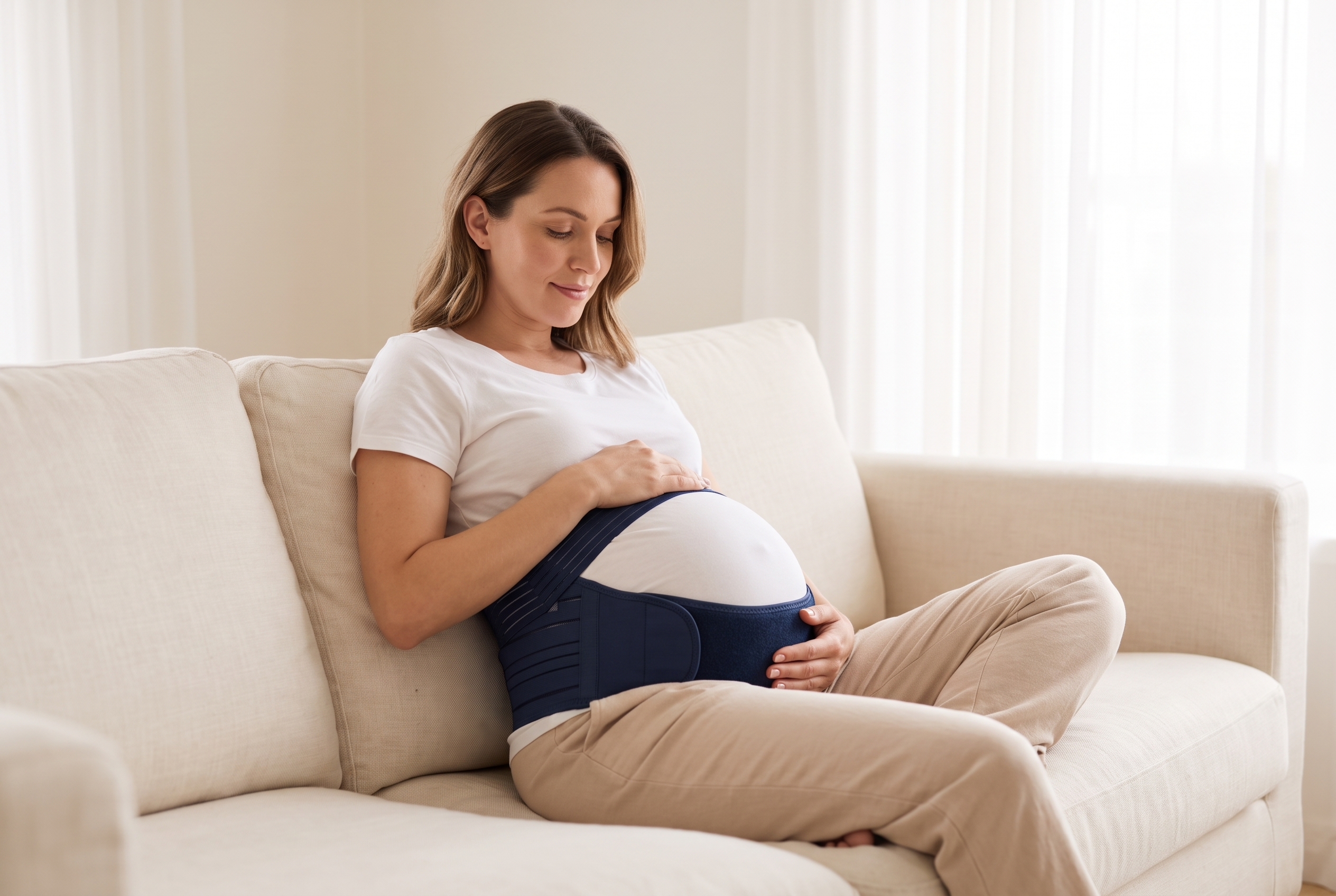 Pregnant woman relaxing on a cream sofa wearing a maternity support band