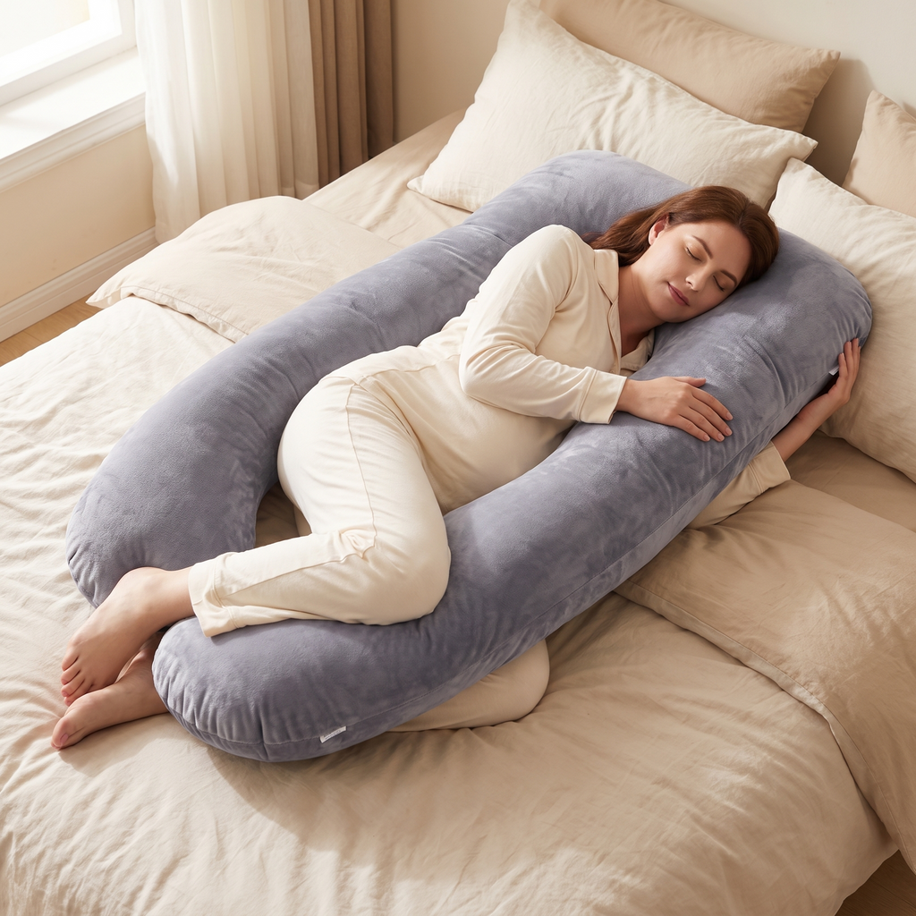 Pregnant woman sleeping on her side with the full-body pregnancy pillow supporting her back and knees