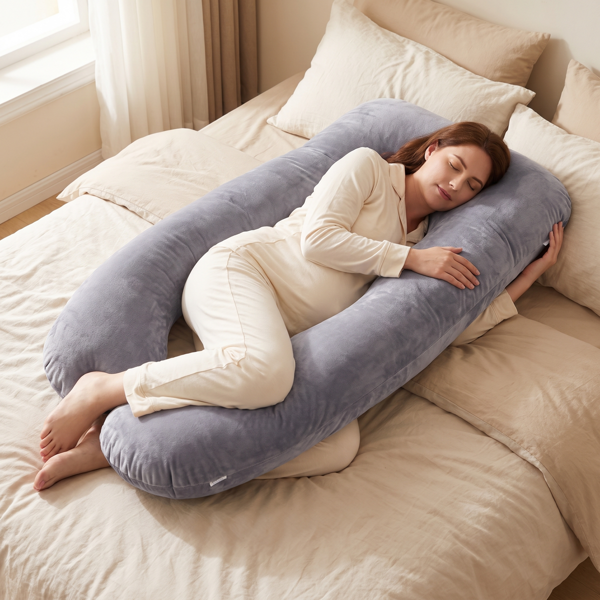 Pregnant woman sleeping on her side with the full-body pregnancy pillow supporting her back and knees