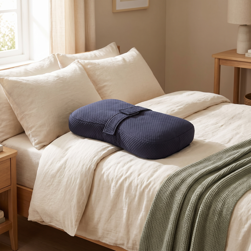 Knee pillow resting on a made bed with cream linen bedding