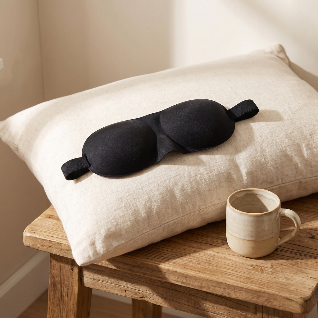3D sleep mask resting on a cream linen pillow beside a ceramic mug