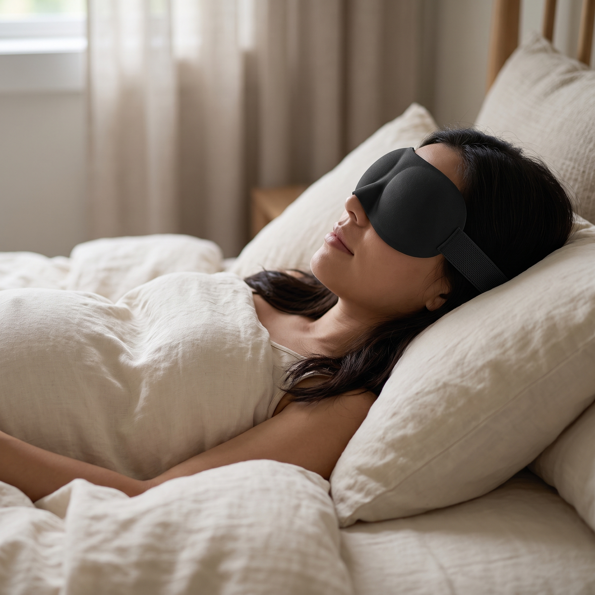 Pregnant woman resting in bed wearing the contoured 3D sleep mask