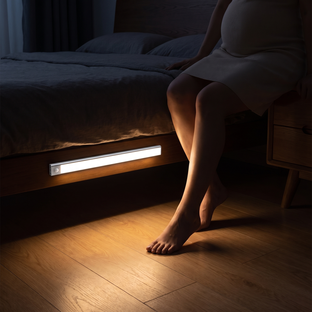 Motion sensor night light glowing under a bed frame as bare feet step down