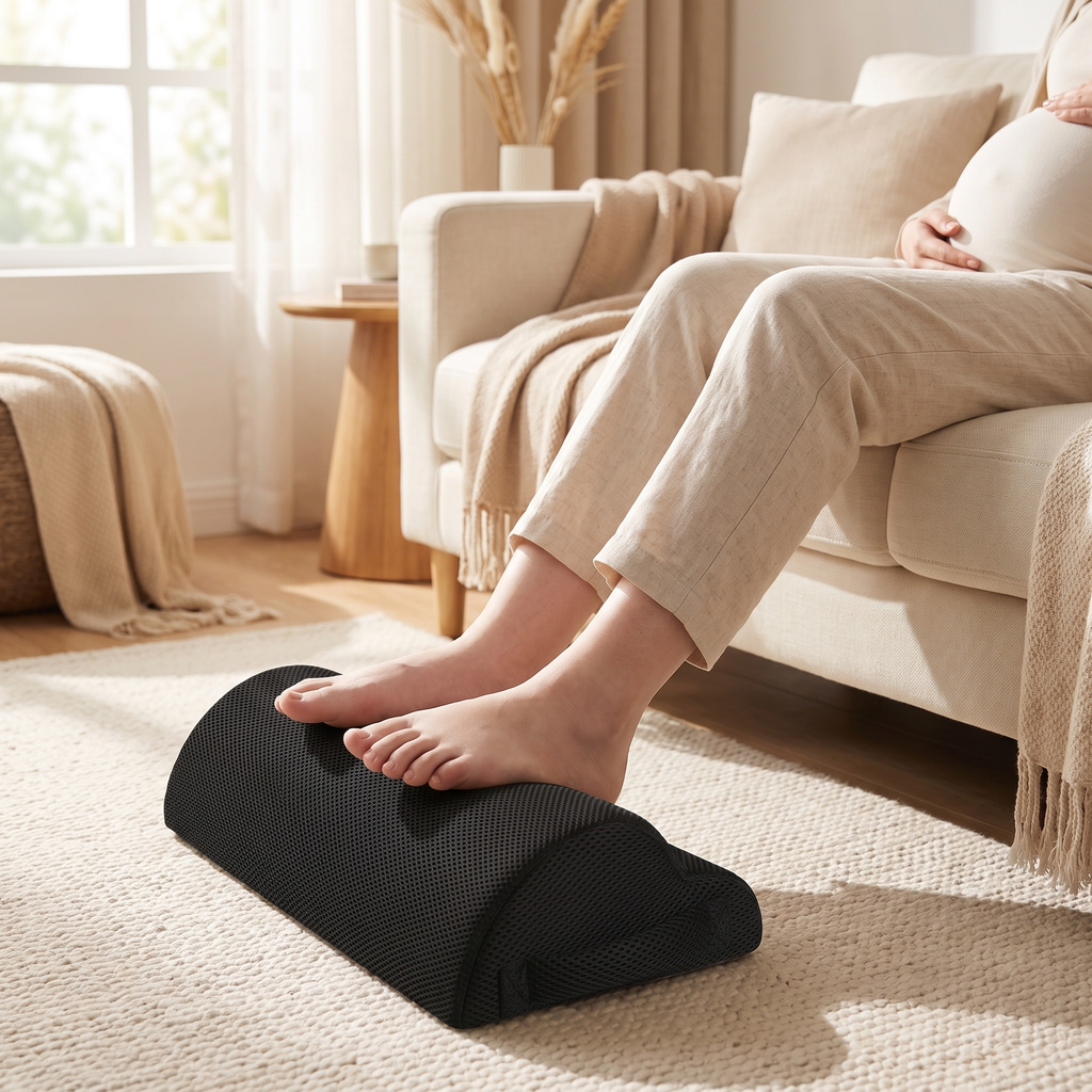 Pregnant woman resting her feet on the memory foam footrest while seated on a sofa