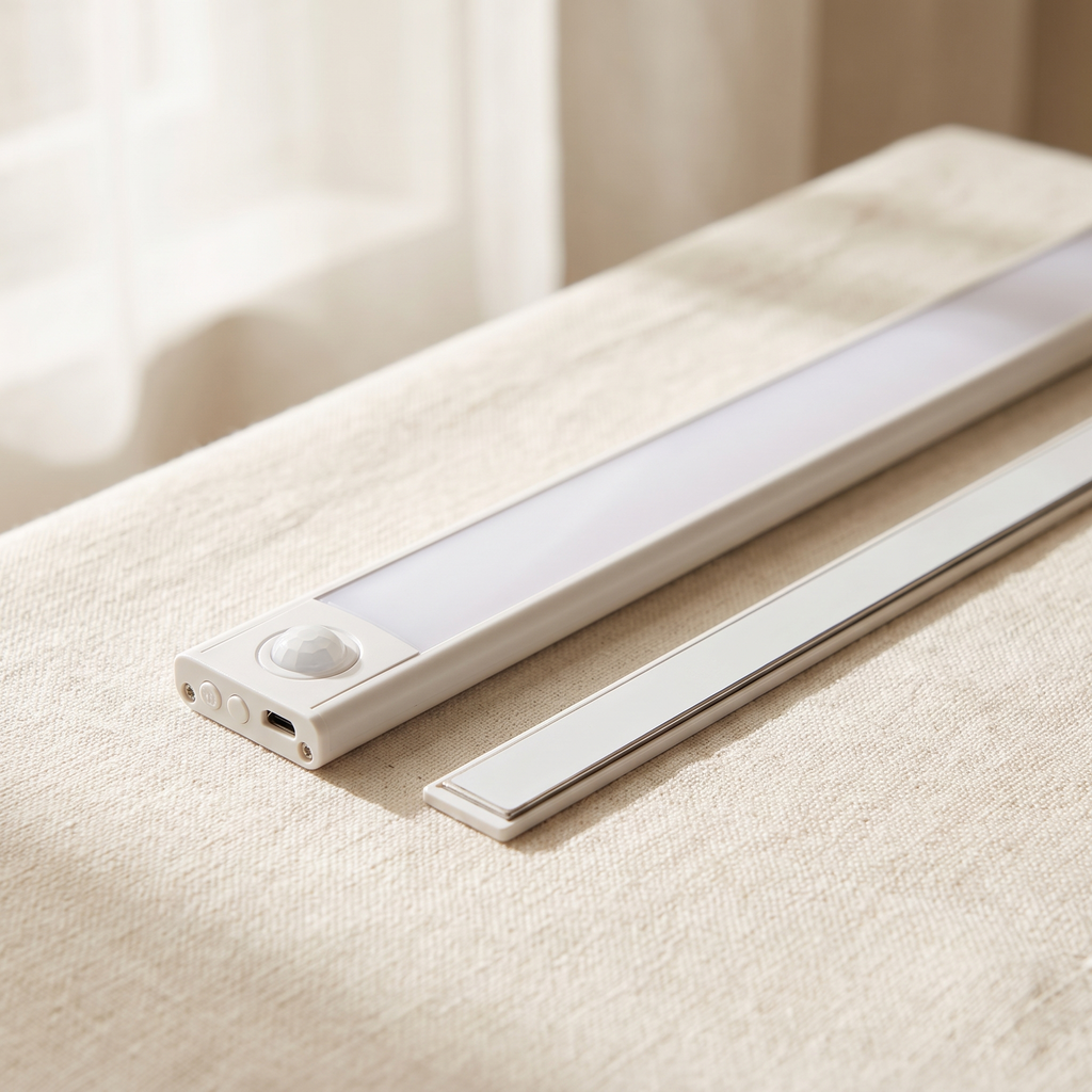 Night light shown switched off beside its magnetic mounting strip