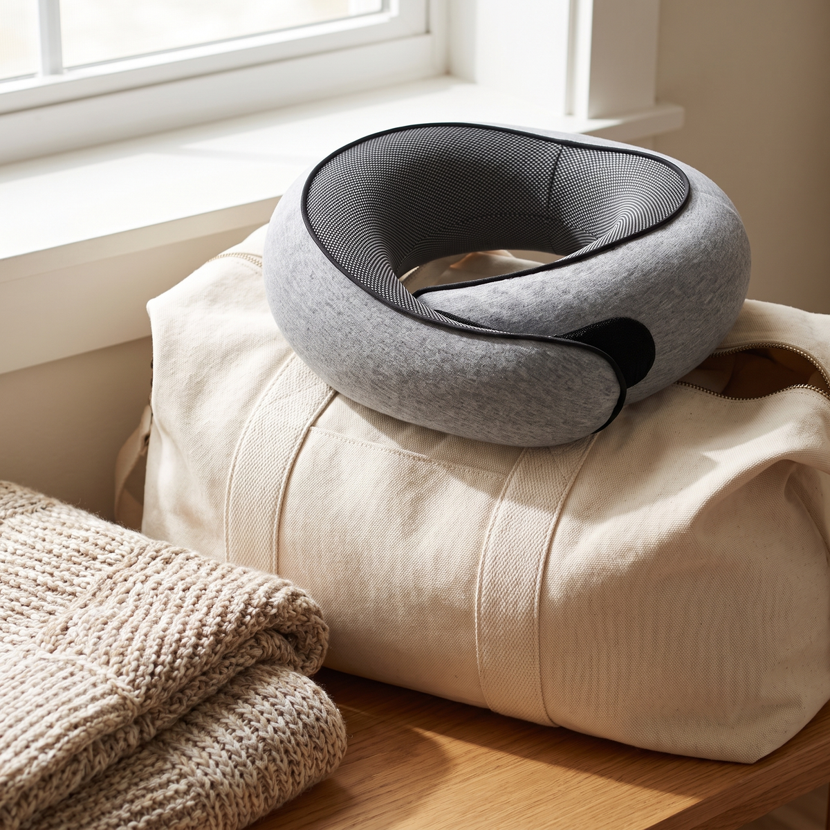 Travel neck pillow resting on a canvas weekend bag