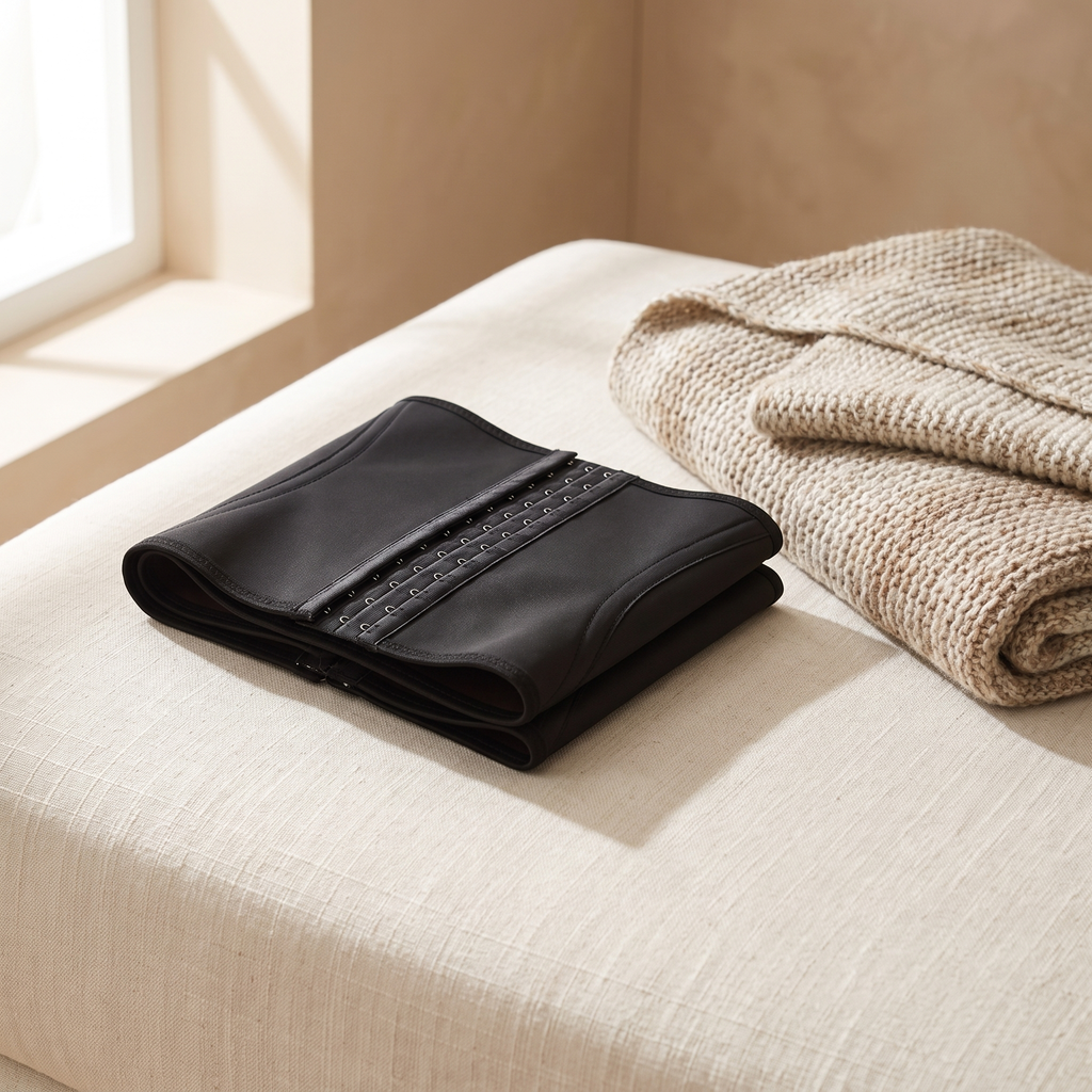 Postpartum belly band folded on cream linen beside a knitted throw