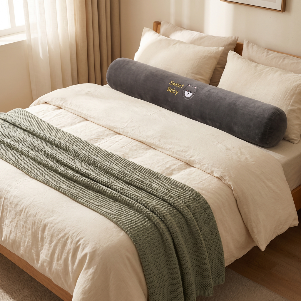 Long bolster pillow lying along a made bed with cream linen bedding
