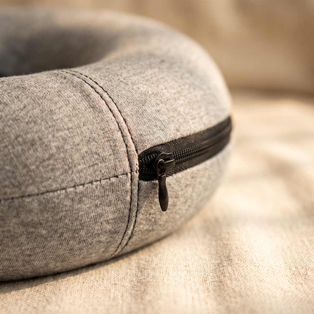 Close-up of the travel neck pillow fabric and fastening