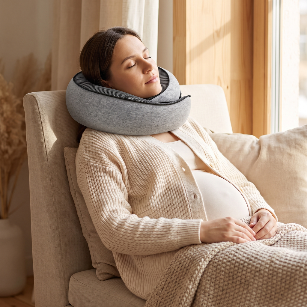 Pregnant woman dozing upright wearing the memory foam travel neck pillow