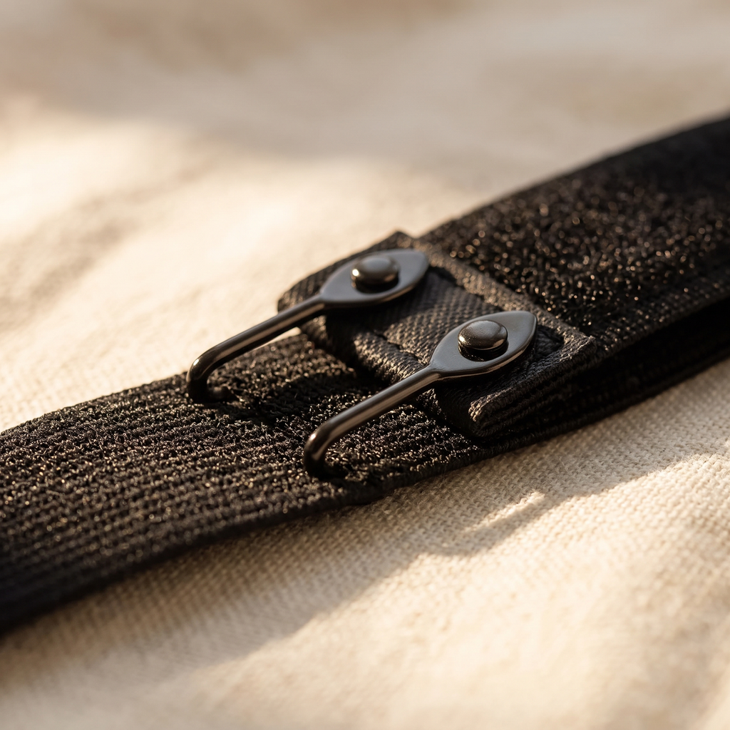 Close-up of the elastic band and button loops of the waistband extender