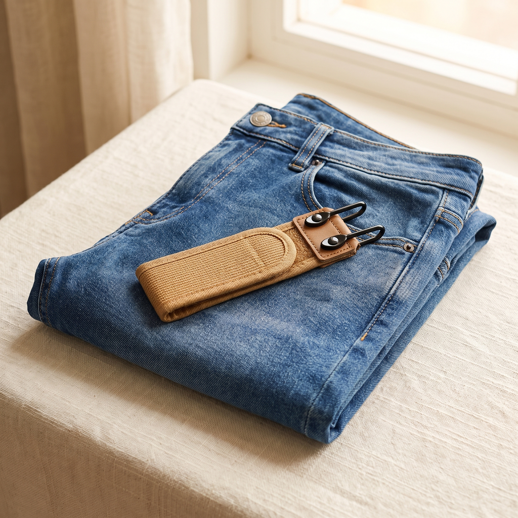 Maternity waistband extender laid on folded denim jeans