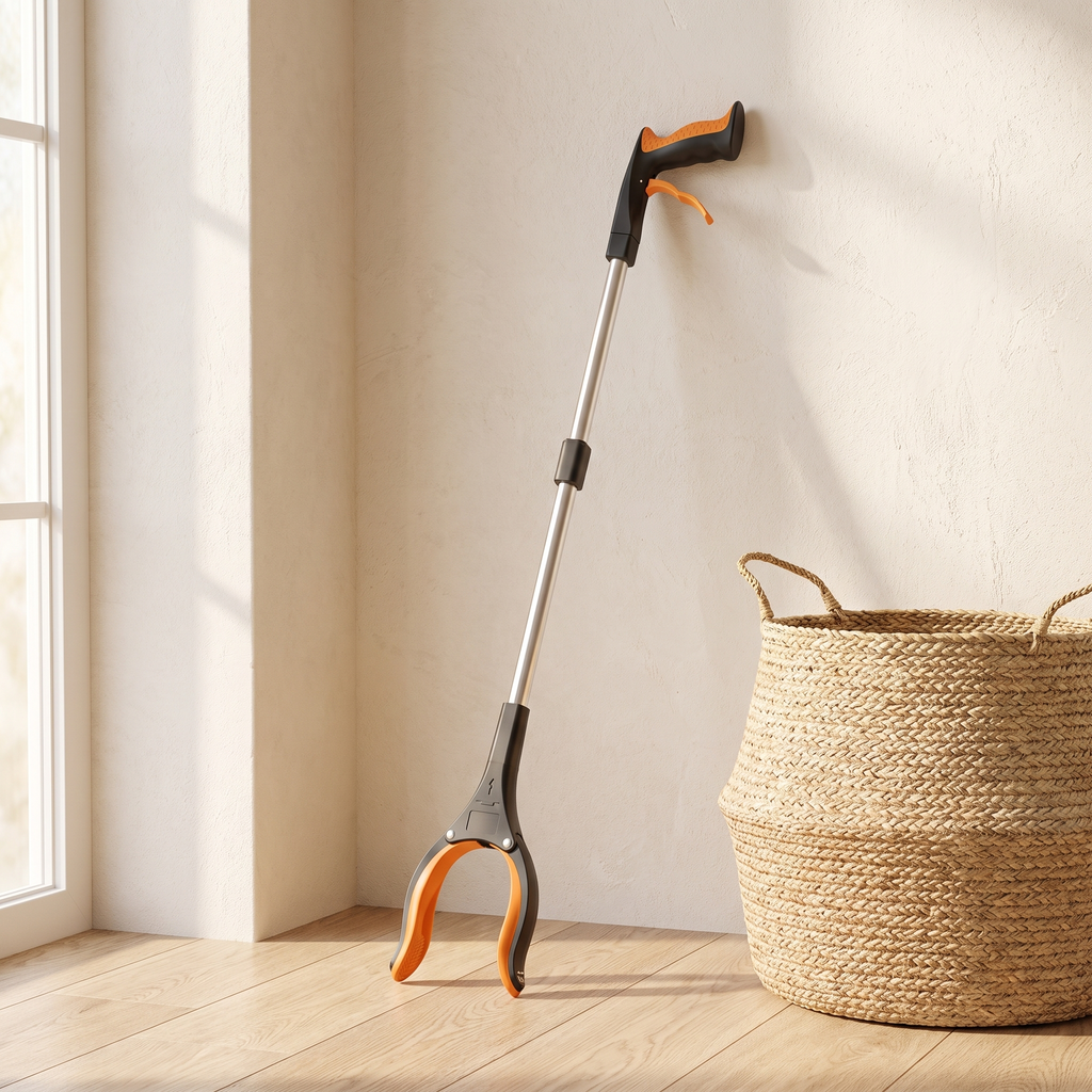 Grabber reacher tool leaning against a cream wall beside a woven basket