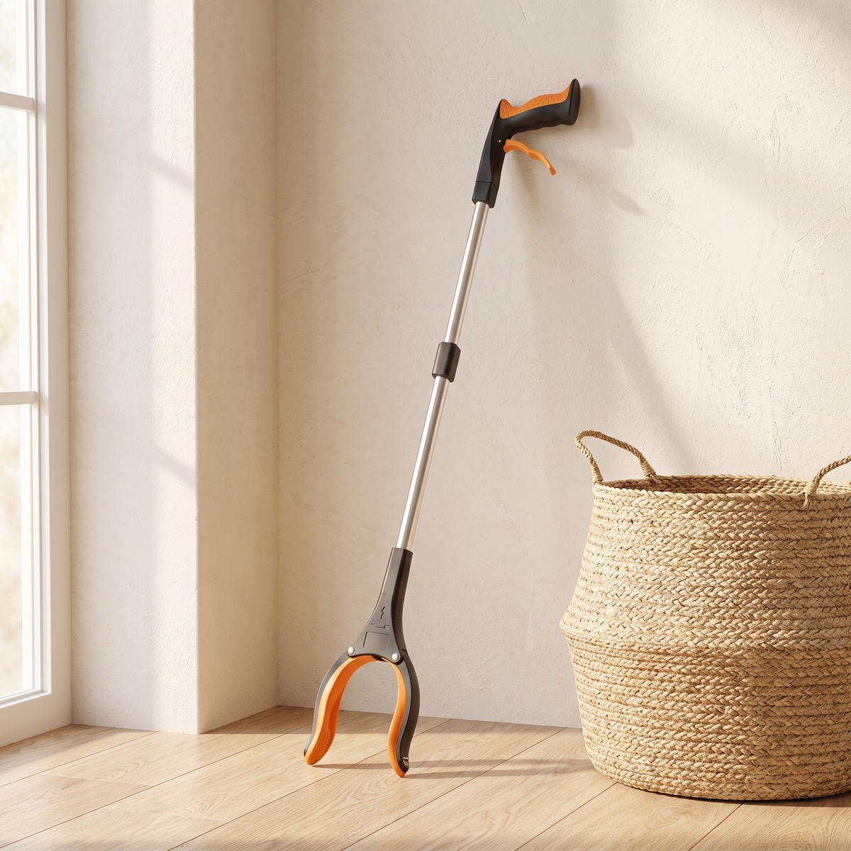Grabber reacher tool leaning against a cream wall beside a woven basket