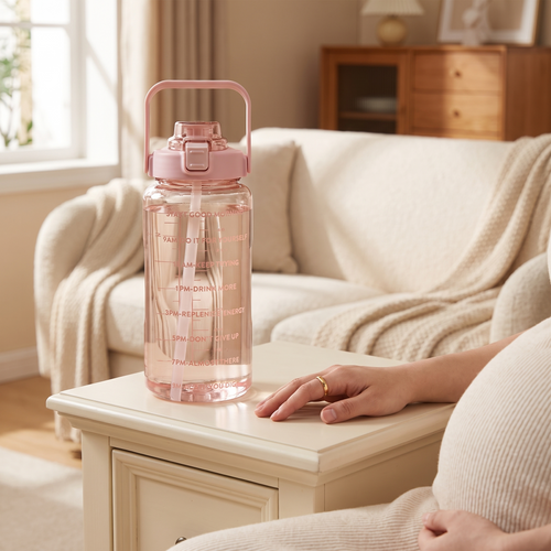 2 litre water bottle with straw on a sofa side table