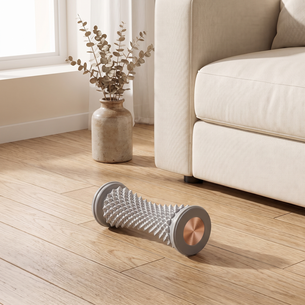 Foot massage roller on a light oak floor beside a cream sofa