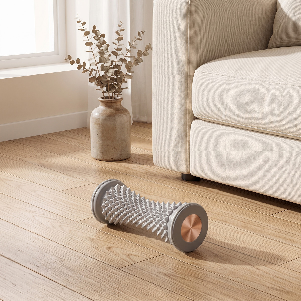 Foot massage roller on a light oak floor beside a cream sofa