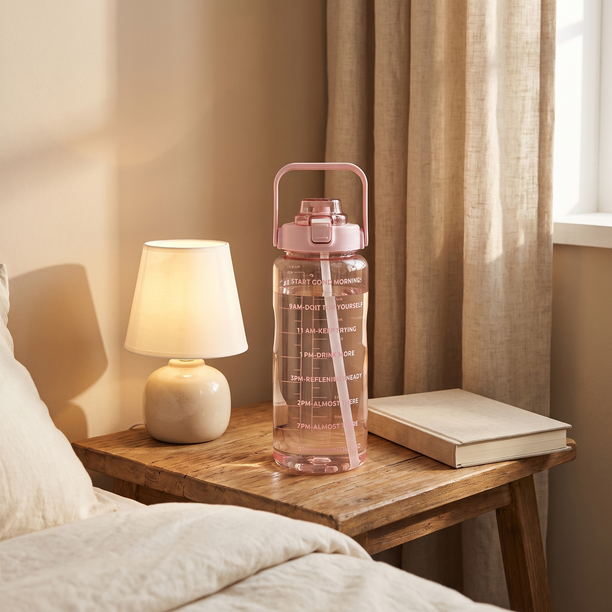 2 litre water bottle on a bedside table beside a lamp and book
