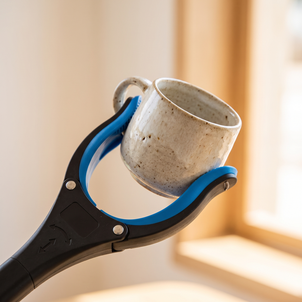 Close-up of the grabber jaws holding a ceramic mug
