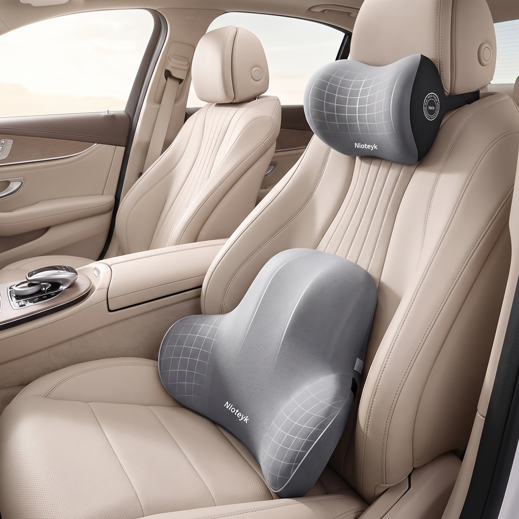 Memory foam lumbar cushion and neck pillow fitted on a car driver seat