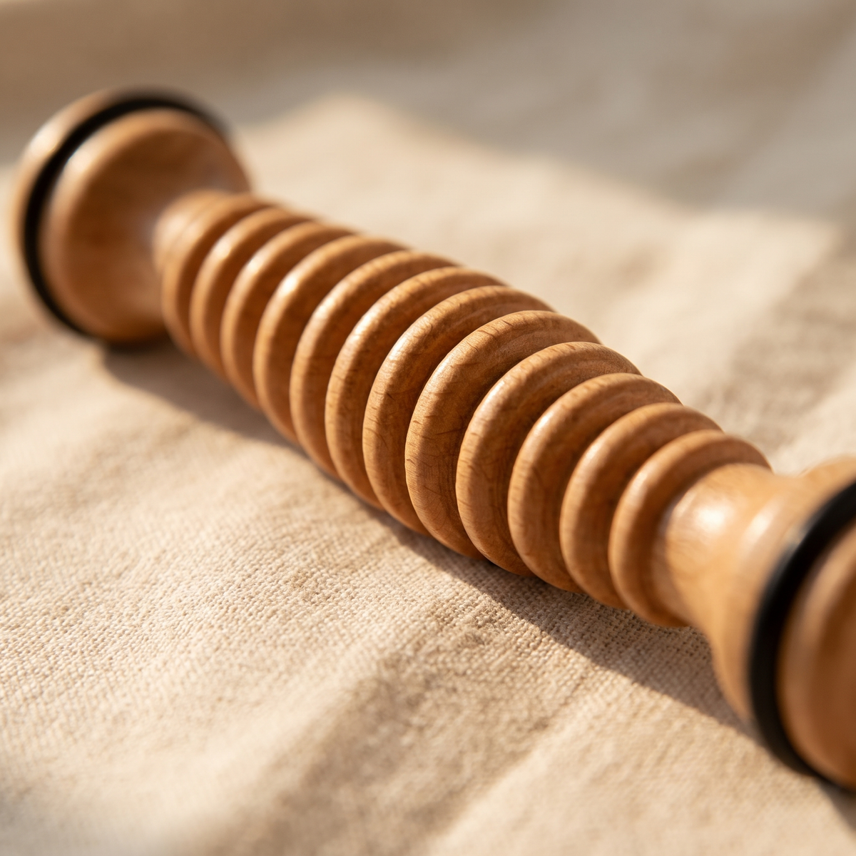 Close-up of the natural wood grain and ridges of the foot roller