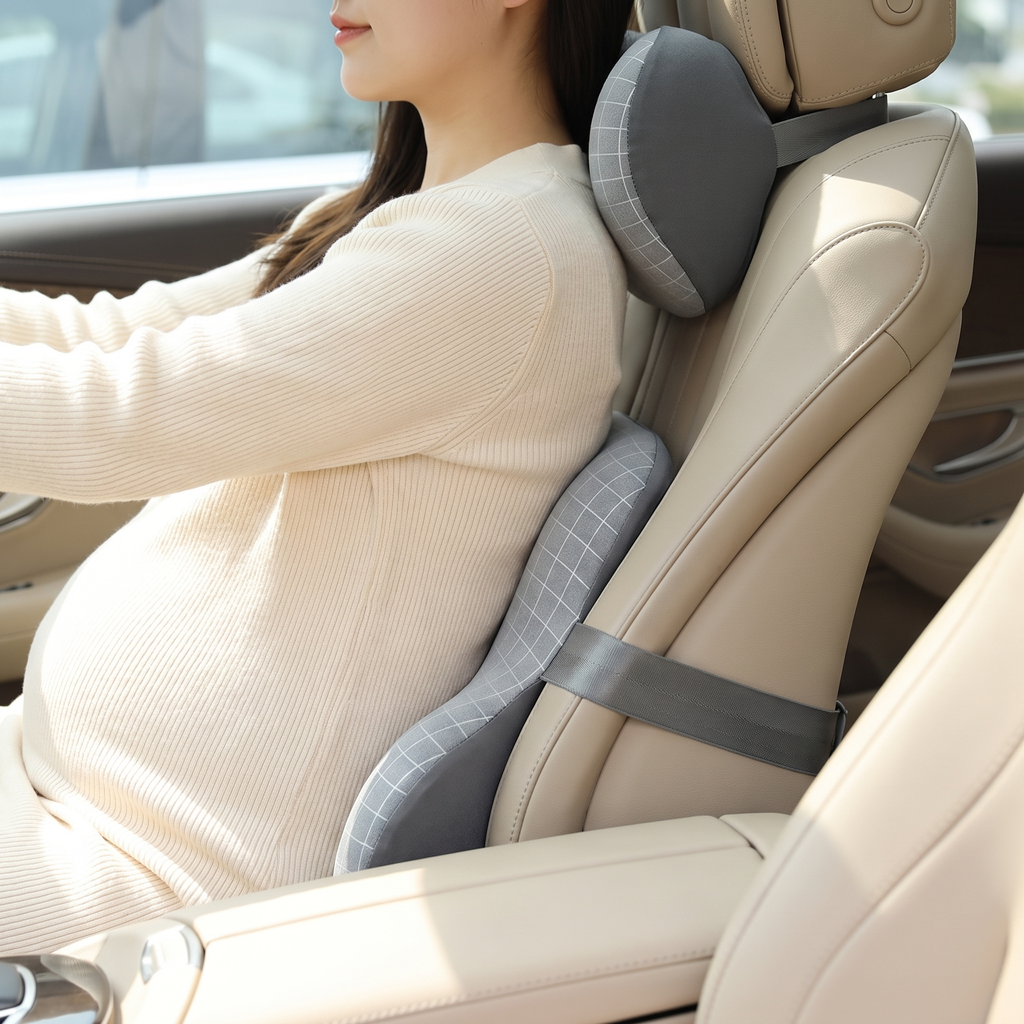 Pregnant woman with a lumbar cushion supporting her lower back in a car seat