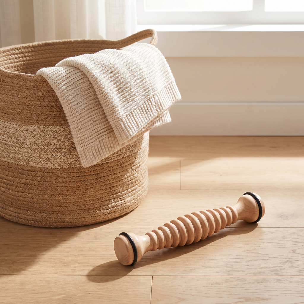 Wooden foot roller on a light oak floor beside a woven basket and cream throw