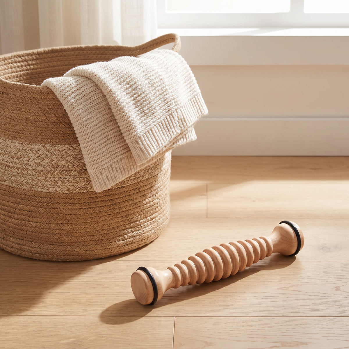 Wooden foot roller on a light oak floor beside a woven basket and cream throw