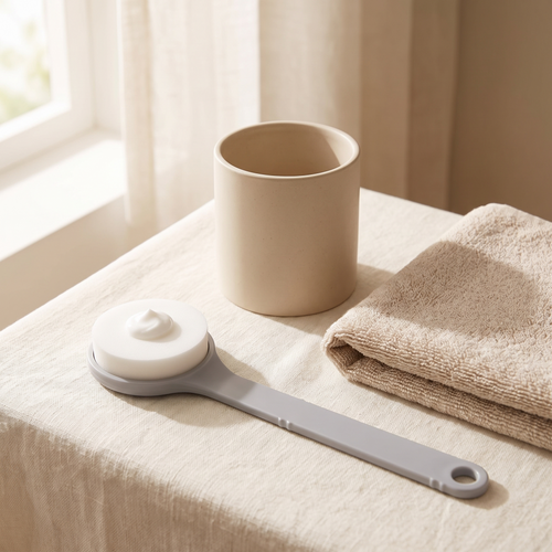 Back lotion applicator on cream linen beside a folded towel