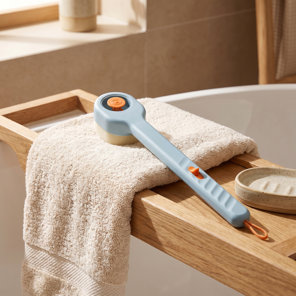 Long handled back brush on a folded towel on a wooden bath tray