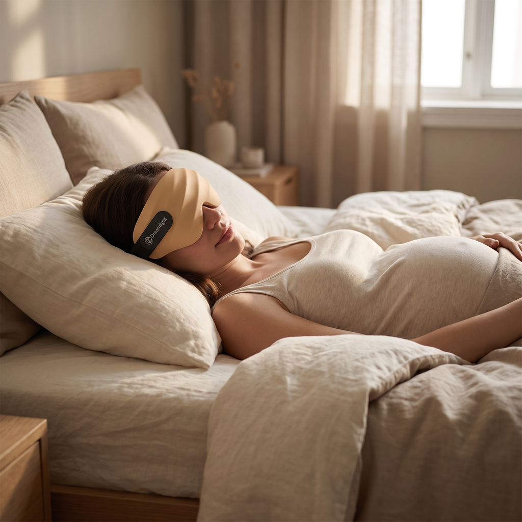 Pregnant woman resting in bed wearing the Dreamlight 4S contoured sleep mask
