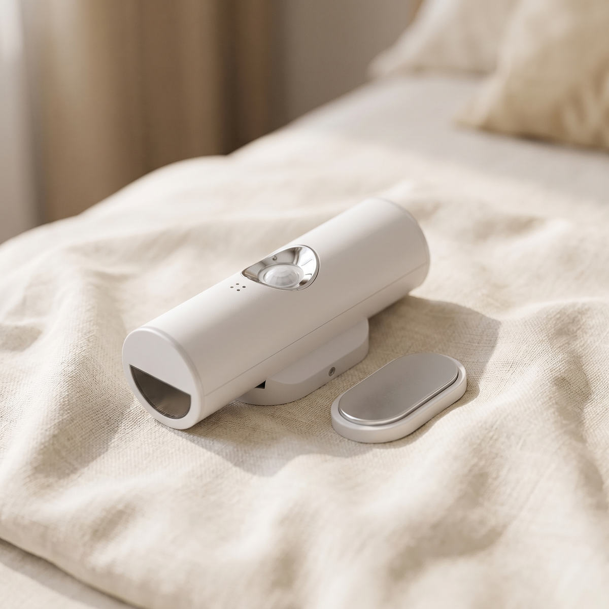 Magnetic motion sensor light switched off beside its magnetic plate