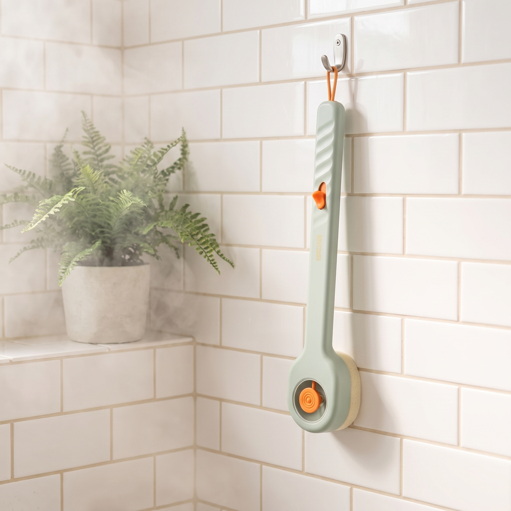 Long handled back brush hanging on a hook in a bright shower
