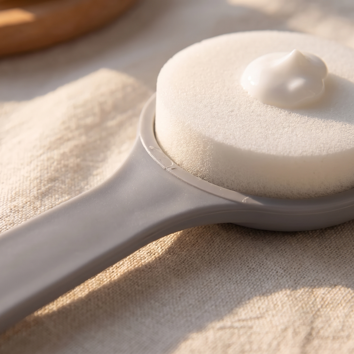 Close-up of the sponge head and handle joint of the lotion applicator