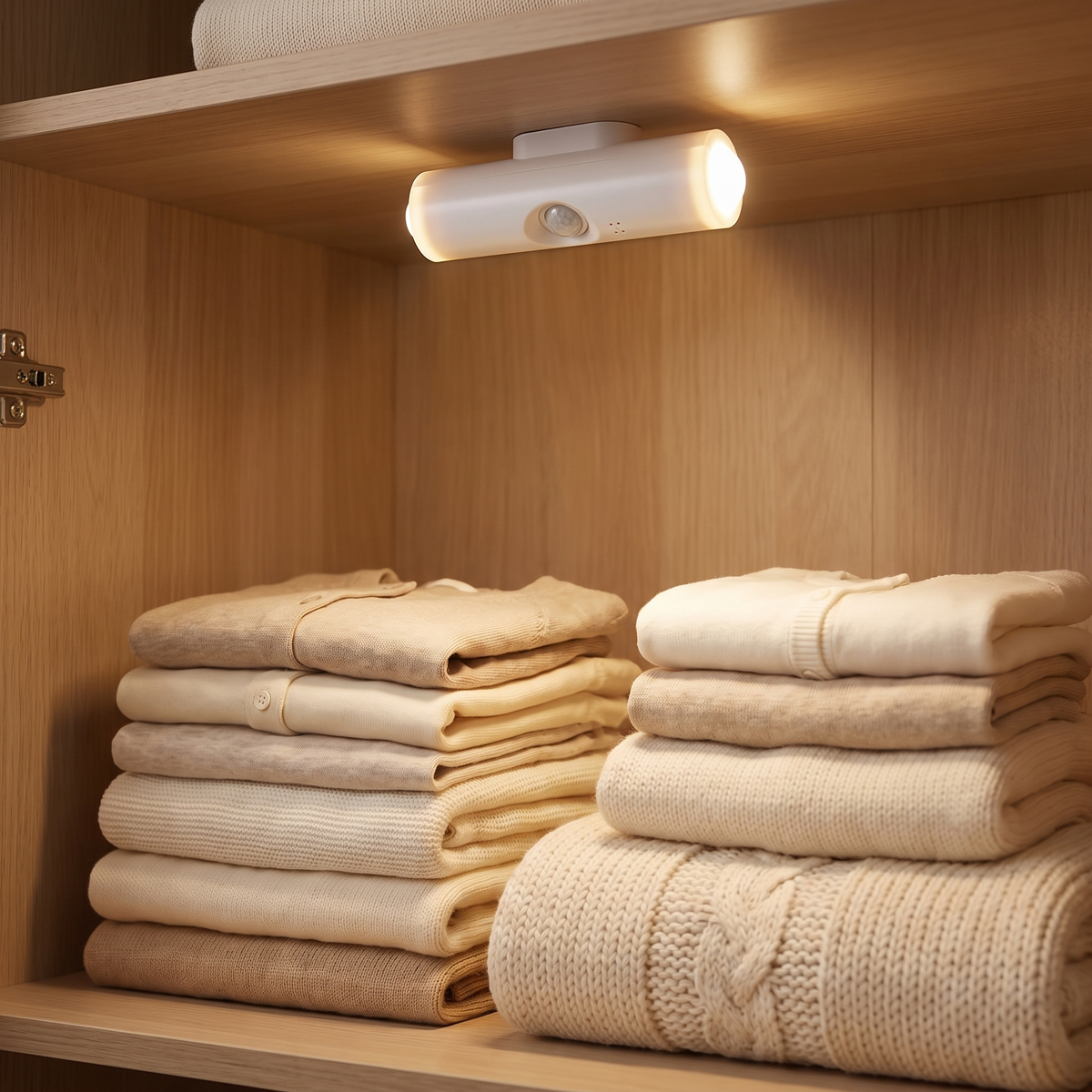 Magnetic motion sensor light lighting a wardrobe shelf with folded baby clothes