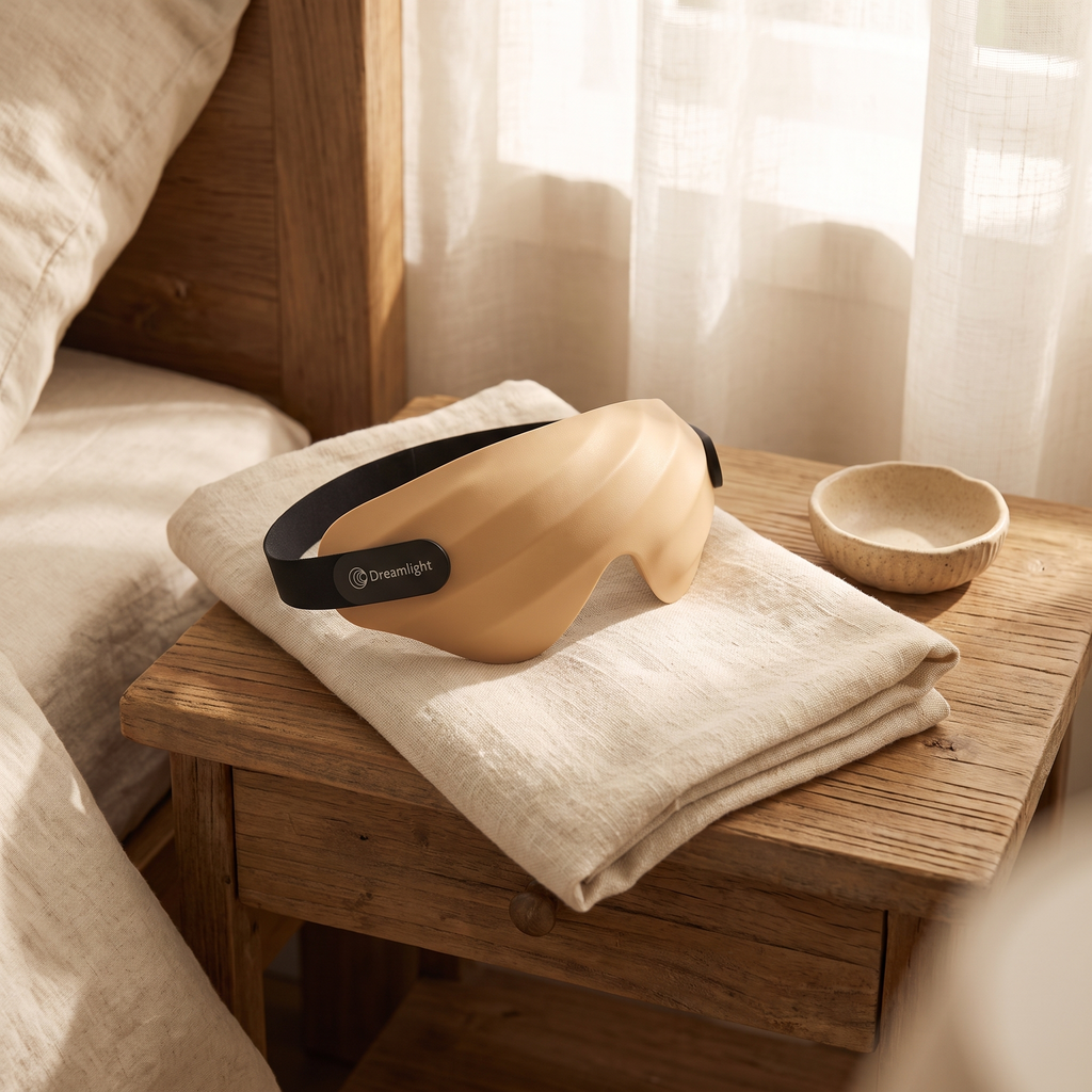 Dreamlight 4S sleep mask resting on a folded cream towel on a nightstand
