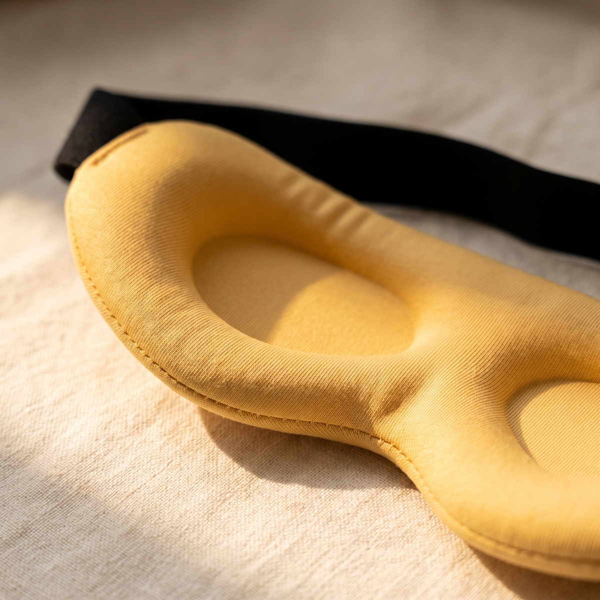 Close-up of the contoured eye cup and soft fabric of the sleep mask