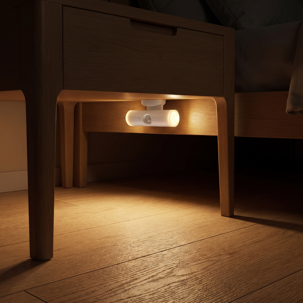 Magnetic motion sensor light mounted under a bedside table glowing at night