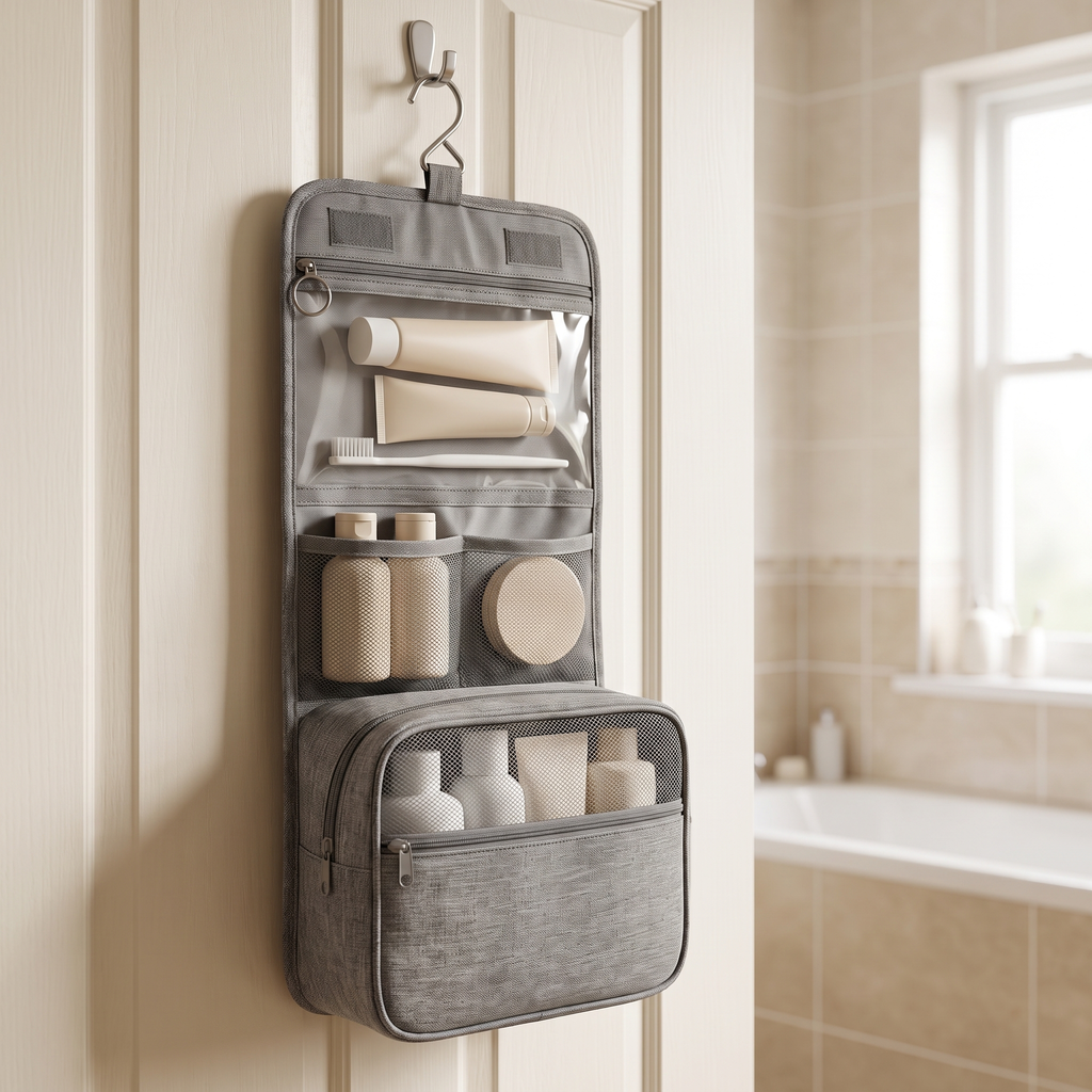 Hanging toiletry bag with metal hook on a bathroom door