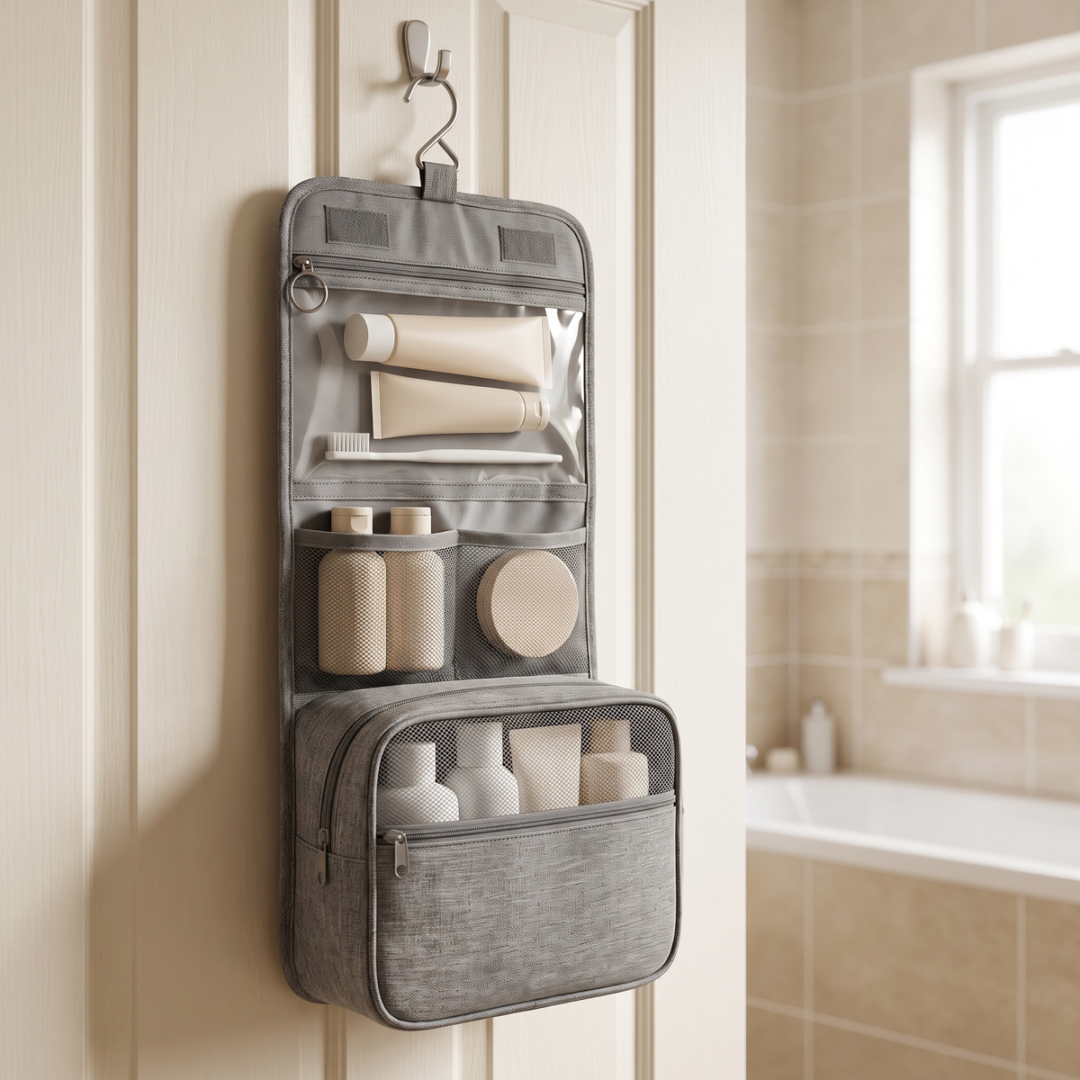 Hanging toiletry bag with metal hook on a bathroom door