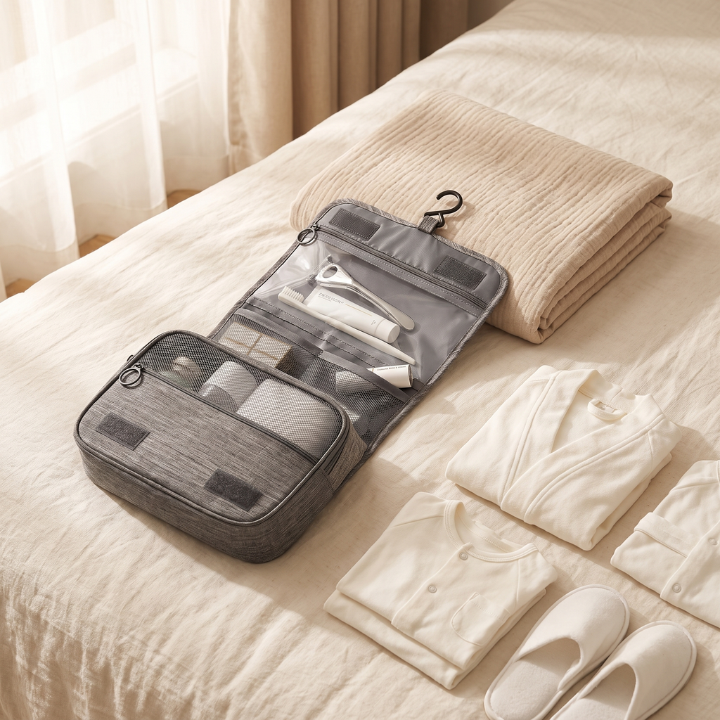 Open hanging toiletry bag on a bed beside a muslin blanket
