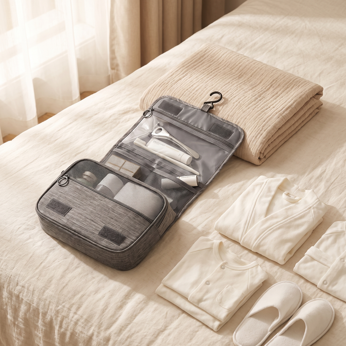 Open hanging toiletry bag on a bed beside a muslin blanket