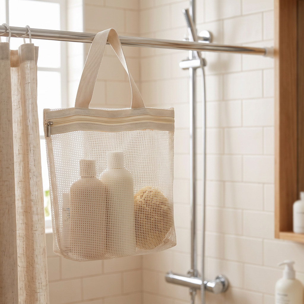 Mesh shower bag hanging from a shower rail in a bright bathroom