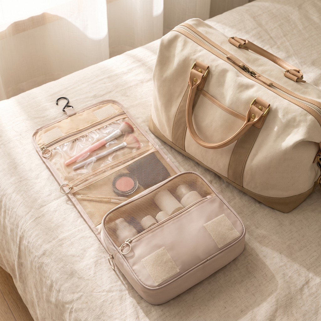 Travel organiser laid open on cream linen beside a weekend bag