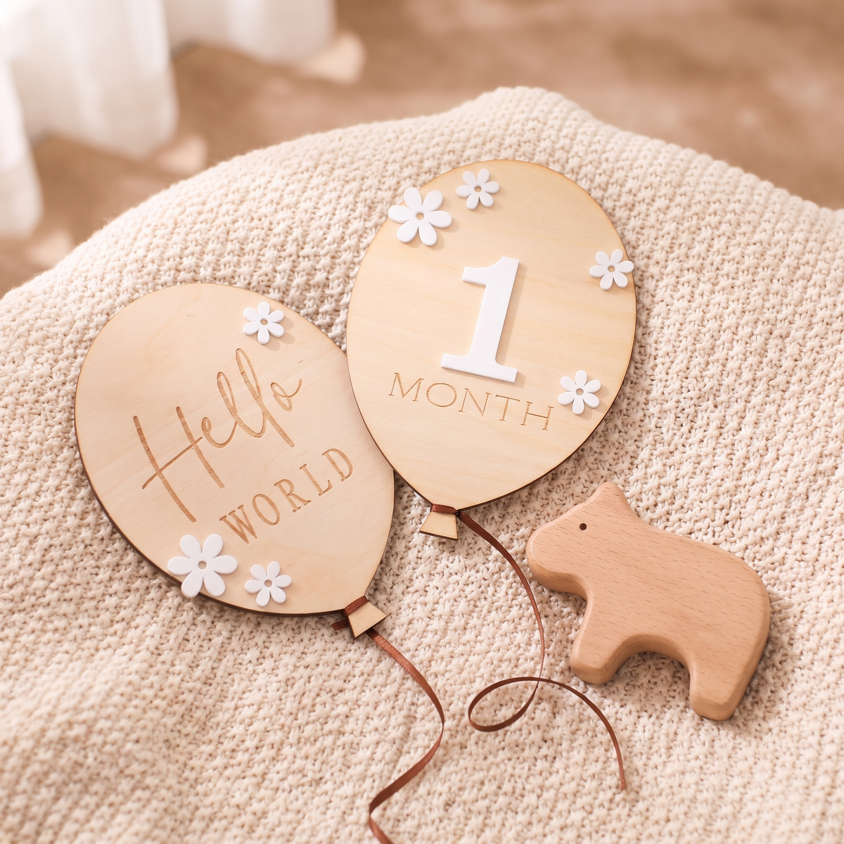 Wooden milestone cards arranged on a cream knitted baby blanket