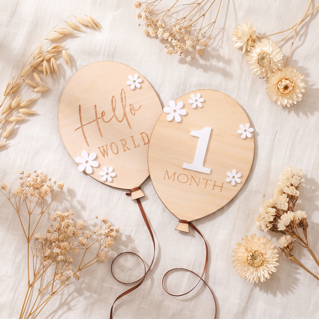Wooden milestone cards flat lay with dried flowers on cream linen