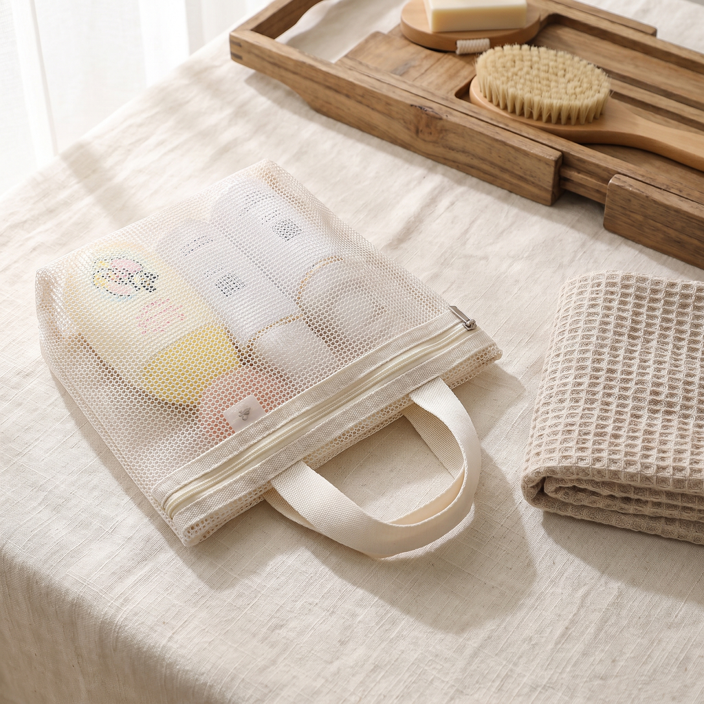 Mesh shower bag on cream linen beside a folded towel and wooden bath tray