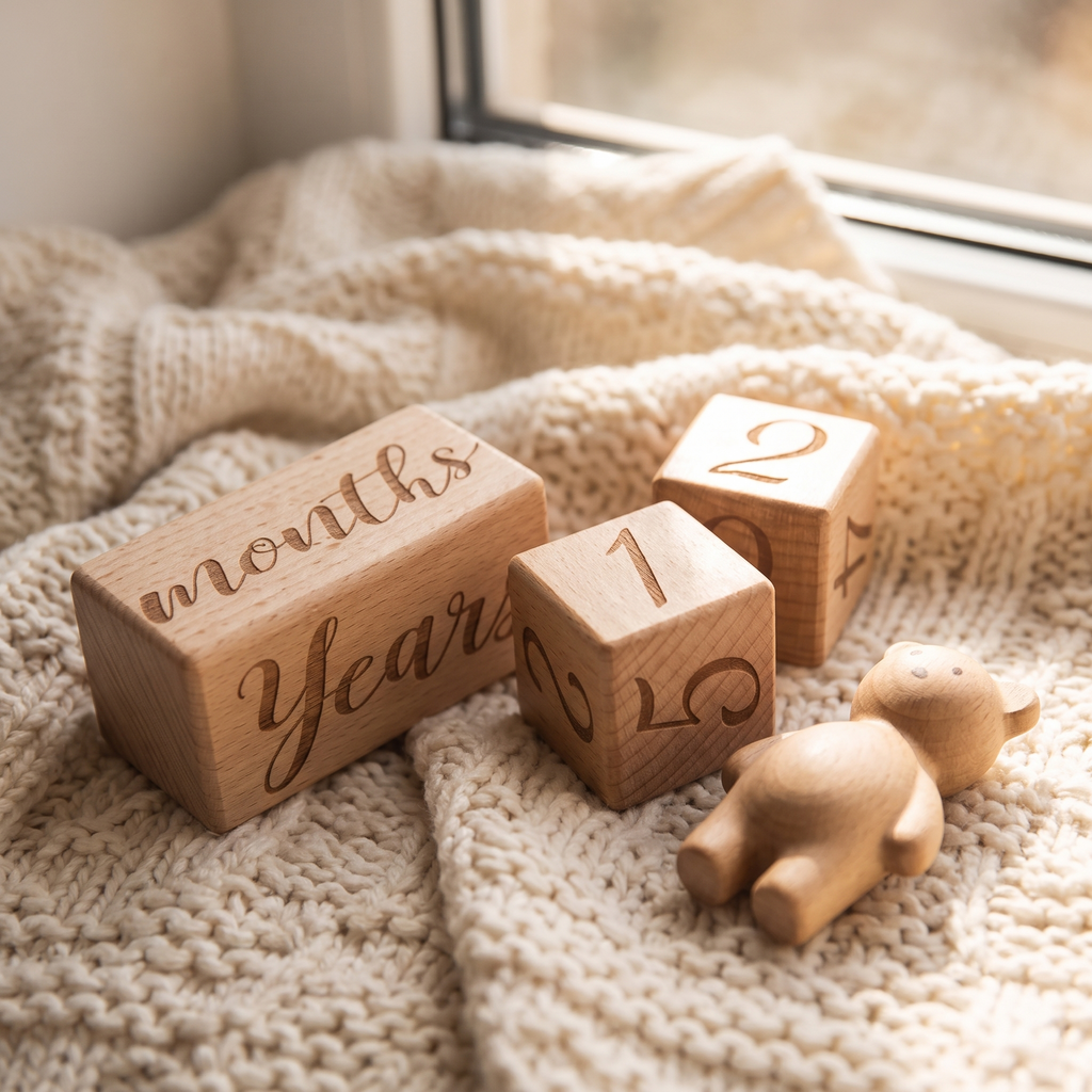 Wooden milestone blocks arranged on a cream knitted baby blanket
