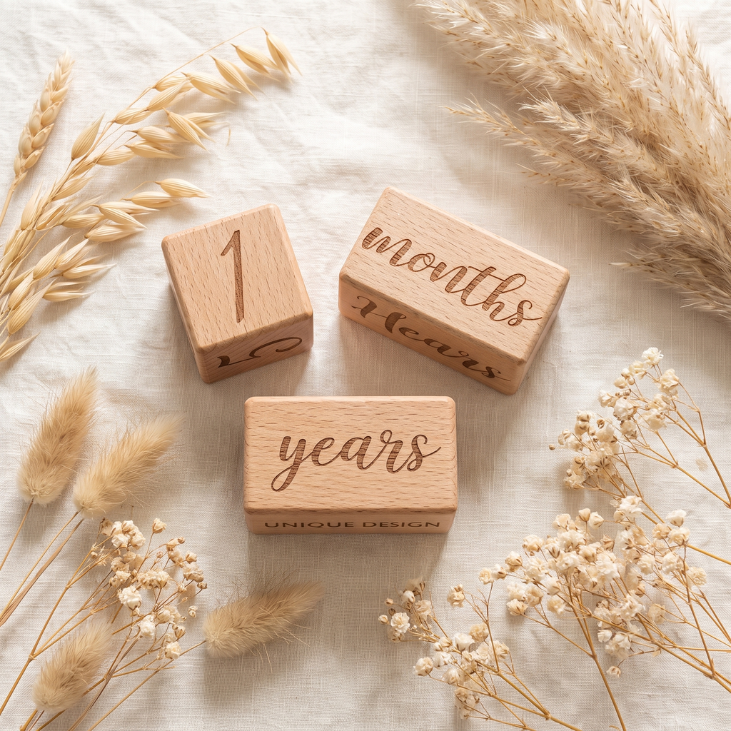 Wooden milestone blocks flat lay with dried flowers on cream linen
